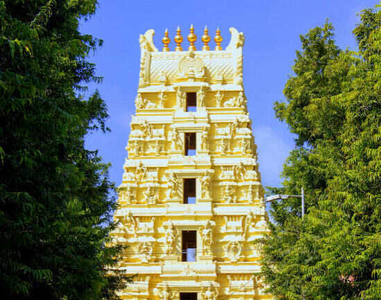 Pilgrims outside a south Indian temple complex