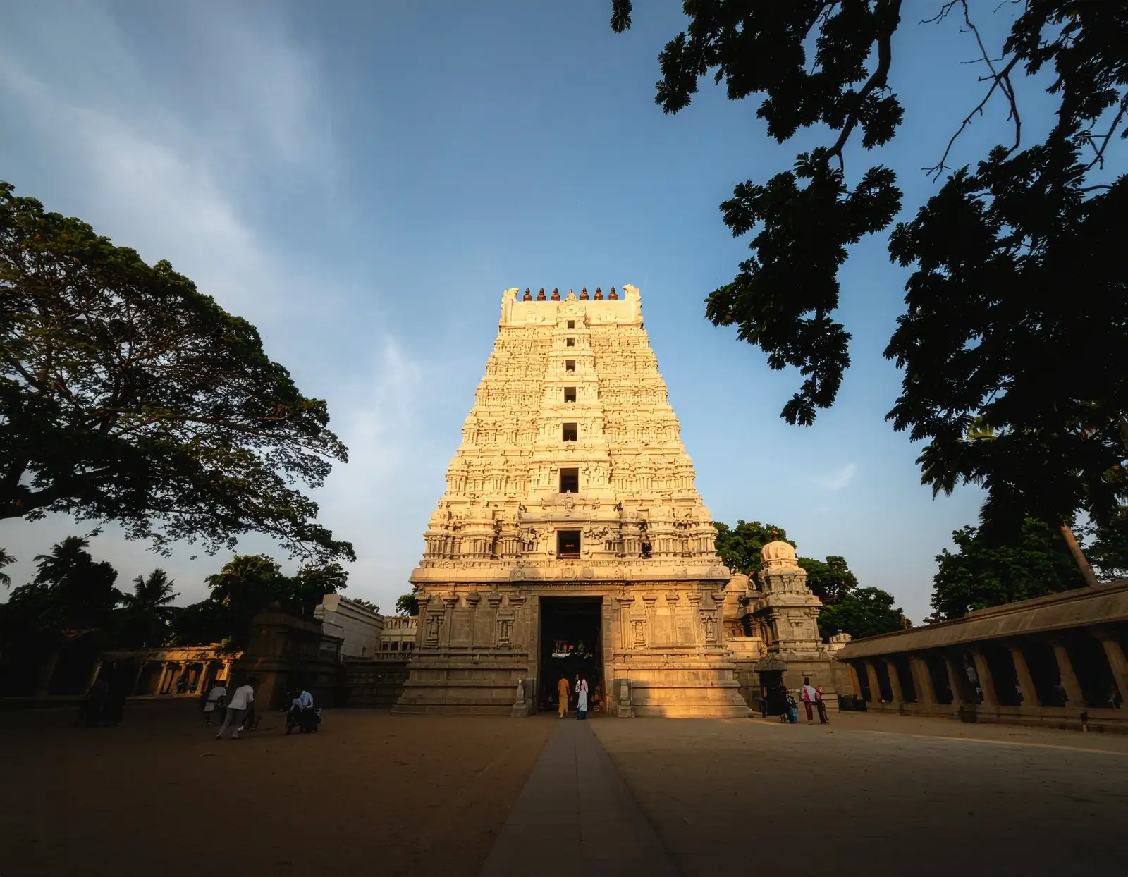 Srisailam temple gopuram lit by evening sun