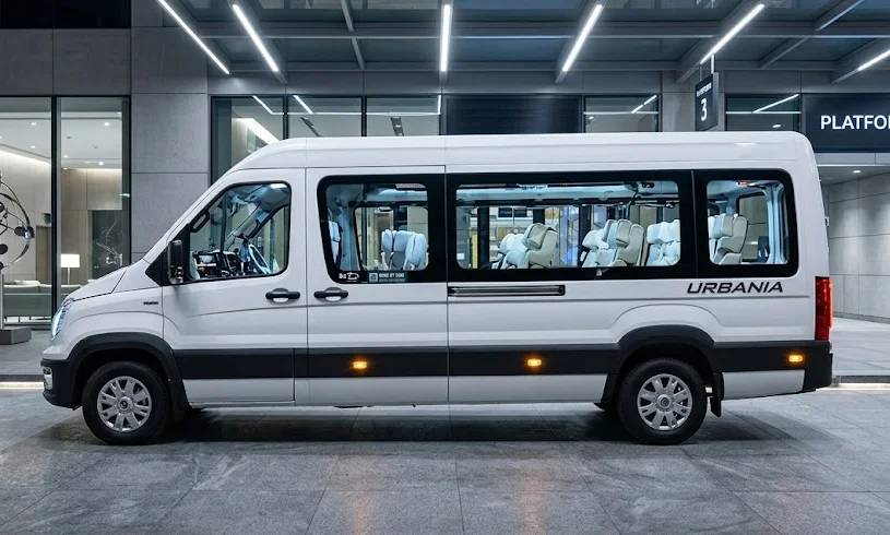 White 17 seater Force Urbania long wheelbase van side view