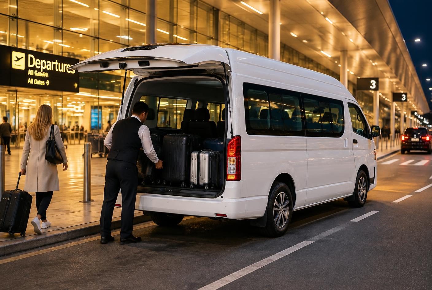 Minibus at an airport terminal with luggage being loaded