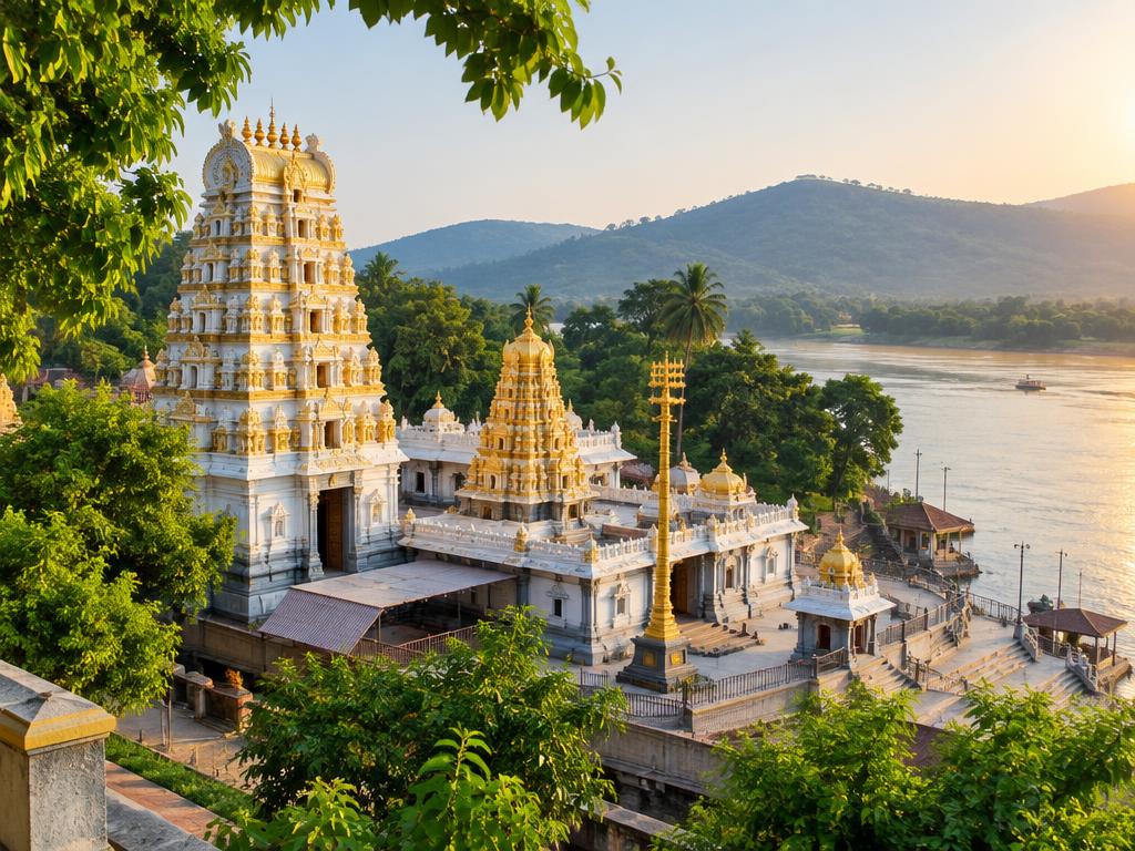 Bhadrachalam temple beside the Godavari river at sunrise