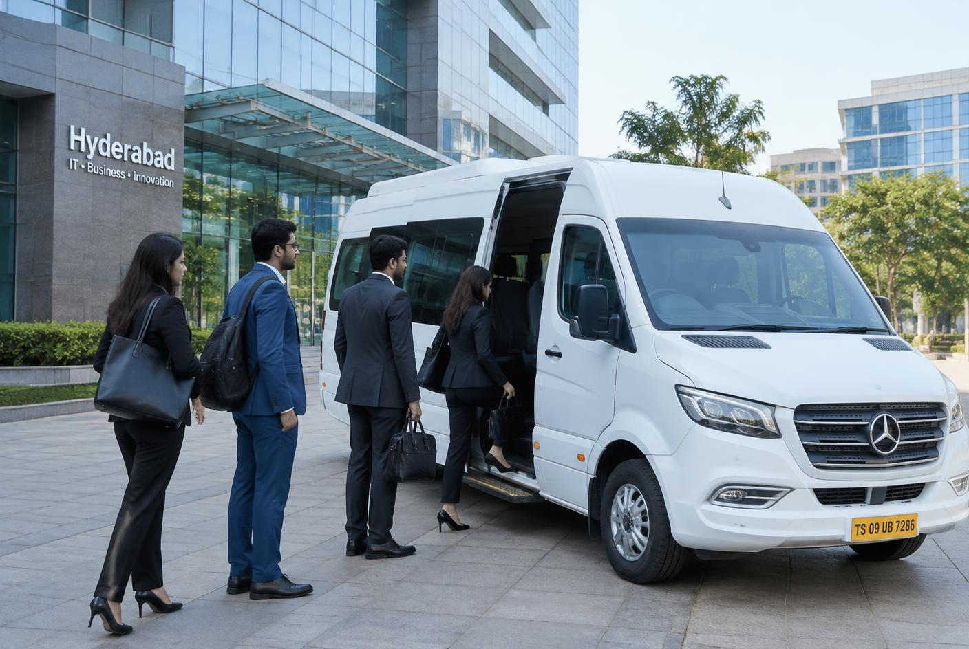 Corporate team boarding a premium minibus outside a Hyderabad office building