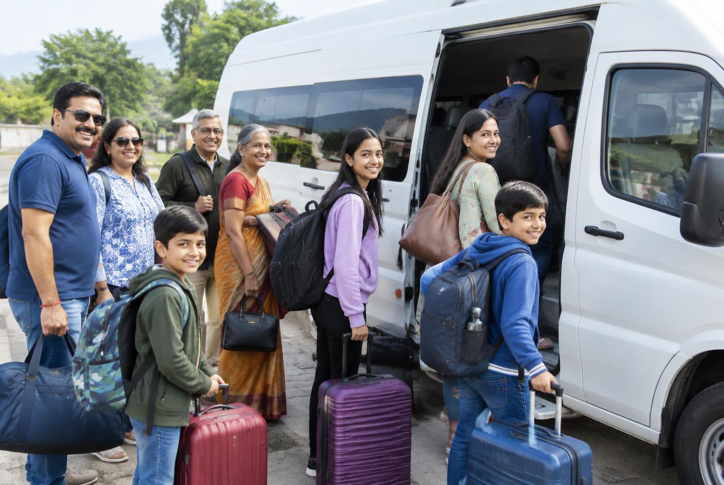 Indian family group boarding a white minibus with luggage