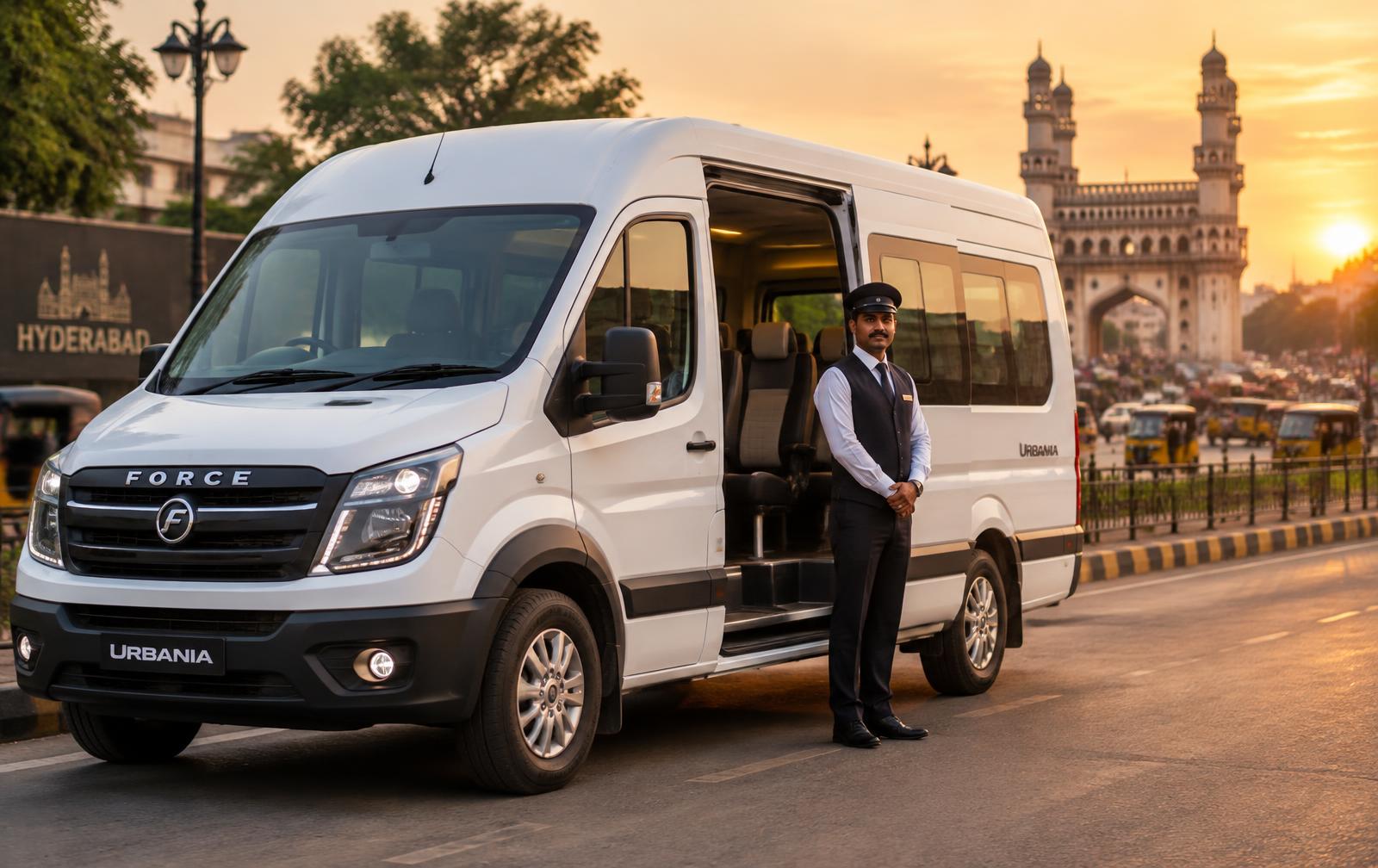 Chauffeur beside a white Urbania in Hyderabad at sunset