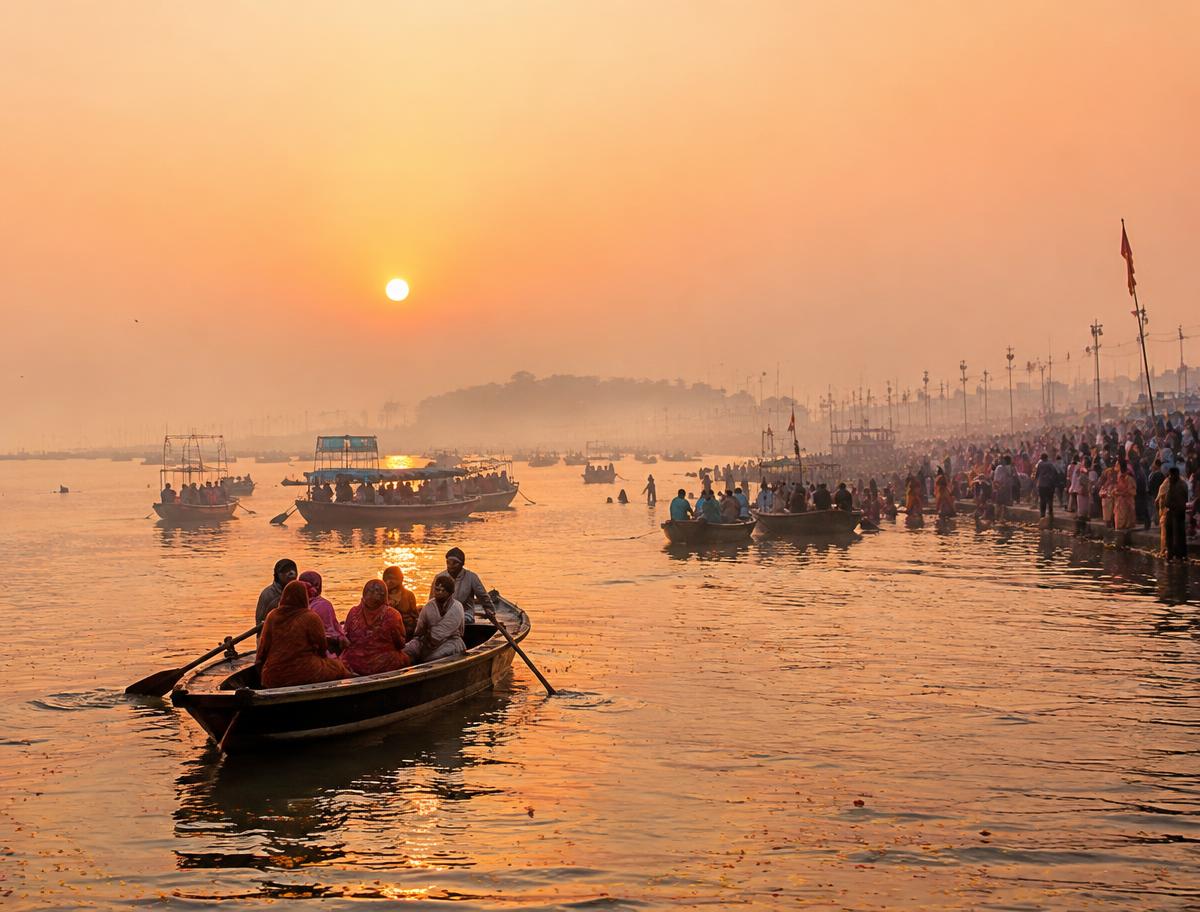 Triveni Sangam at Prayagraj with pilgrim boats