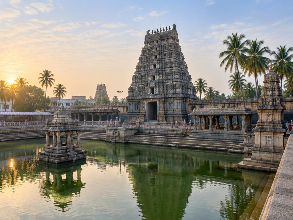 Vemulawada temple gopuram reflected in the temple tank at dawn
