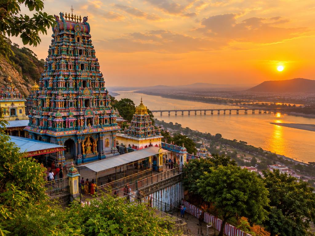 Kanaka Durga temple on a hill overlooking the Krishna river at sunset