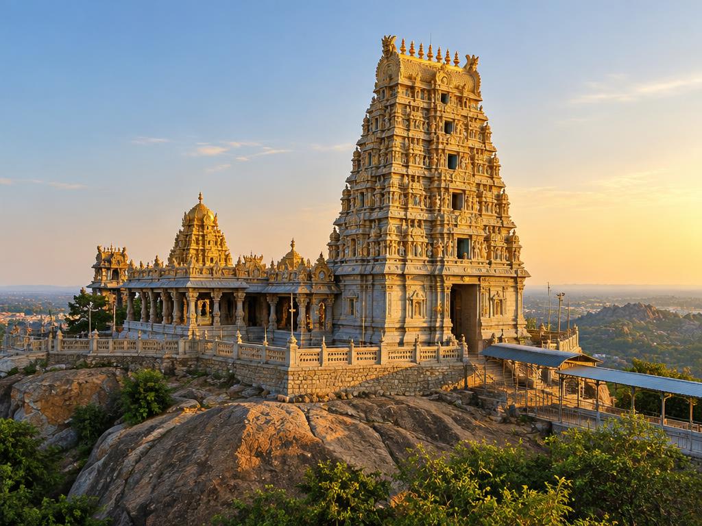 Yadagirigutta hilltop temple gopuram in golden evening light